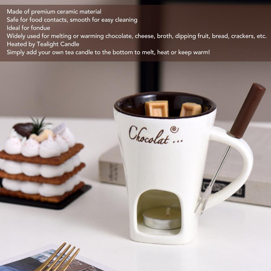 Chocolate Melting Cup Chocolate Melting Fondue Mug Ceramic Butter Warmer Pot Chocolate Melting Supplies with Fork for Kitchen