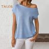 Women Tops Short Sleeve Screw Collar Solid Color T-Shirt Spring Summer Stretchy Pullover Tops Daily Wear