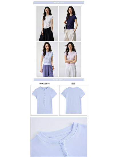 Women's Elegant Tencel Lyocell Henley Short Sleeve Slim Fit Top