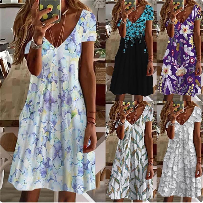Women'S Casual Dress Vintage Pullover Loose Midi Dress Short Sleeve Floral Print Summer V-Neck Dress Plus Size Clothing