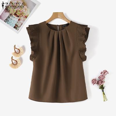 Women Casual Round Neck Splice Short Sleeve Summer Blouse