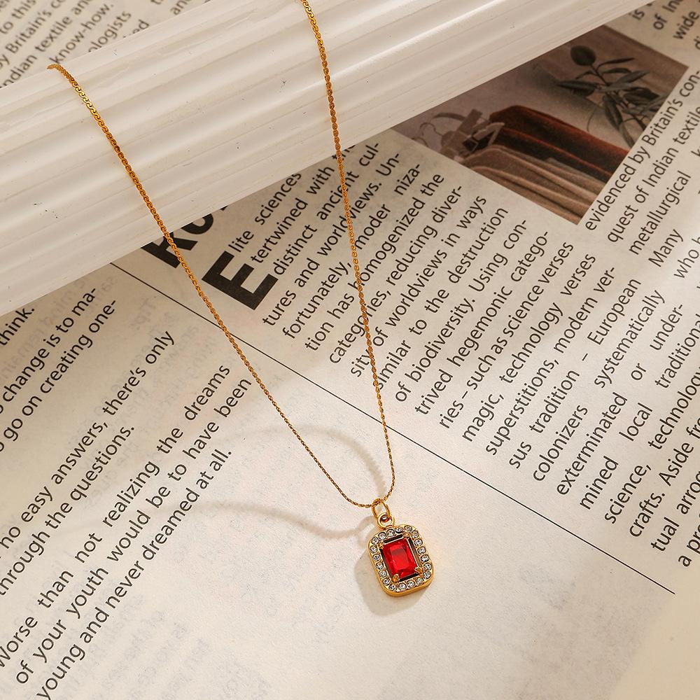 18K Gold Plated Stainless Steel Necklace with Red Zirconia – Titanium Steel, European and American Design for Women