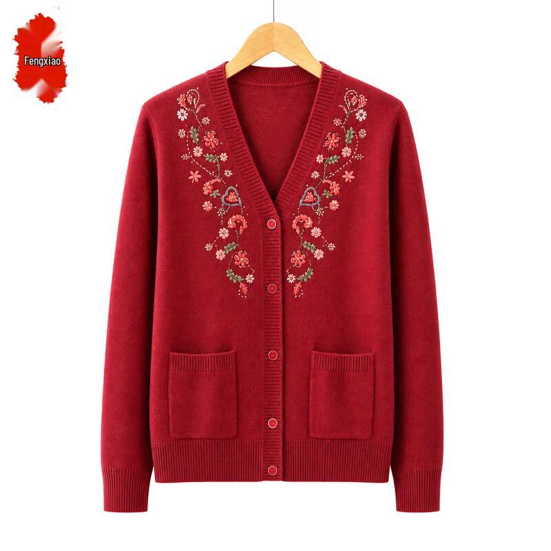 Women's V-Neck Embroidered Rhinestone Knit Cardigan for Mature Ladies