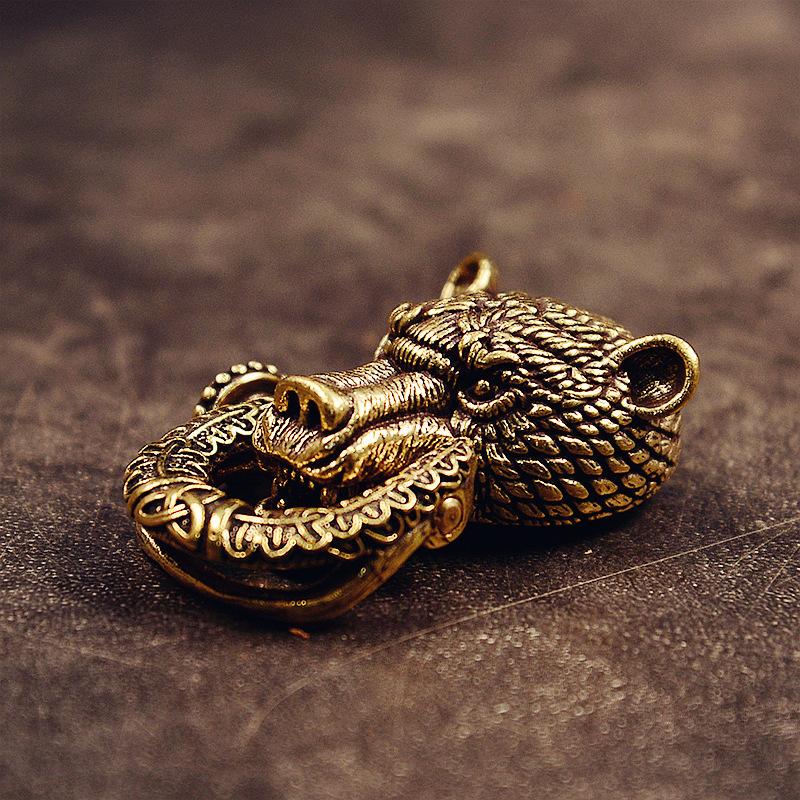 Brass Domineering Bear Buckle Car Keychain Creative Retro Chinese Style Male Trend Motorcycle Personality Keychain Circle