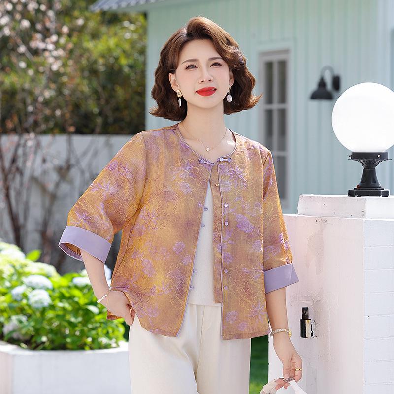 

Elegant Chinese Style Women s Cardigan - National Style for Middle-Aged and Elderly Mothers - Spring/Autumn Seven-Sleeve Top. XL [80-100 lbs] оранжевый