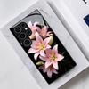 Pink Lily Flower Black Glass Phone Case Suitable for Samsung Galaxy S26 S25 S24 S22 S21 S20 FE/Ultra/Plus Anti Drop Back Cover