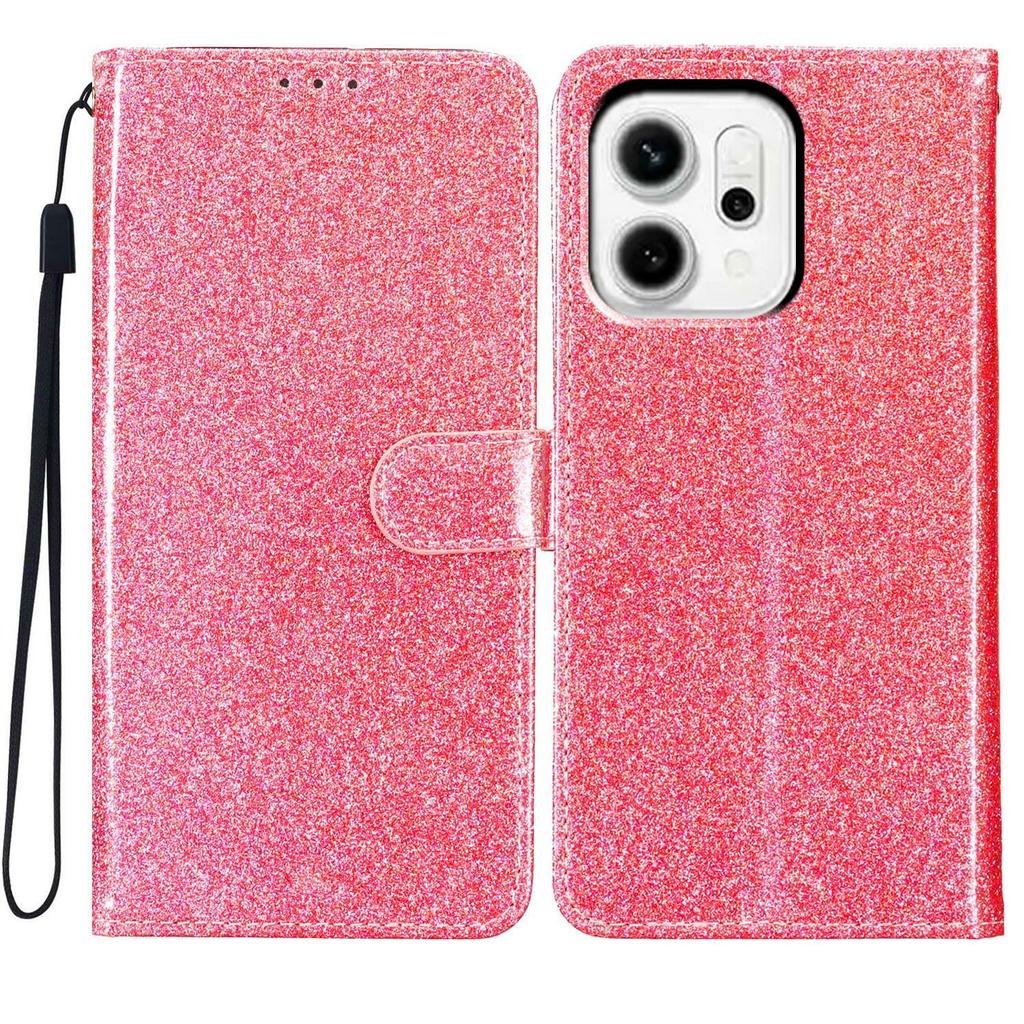 For Oppo Reno14 5G (Global) Wallet Case Glitter Anti-Scratch Leather Stand Phone Cover with Strap