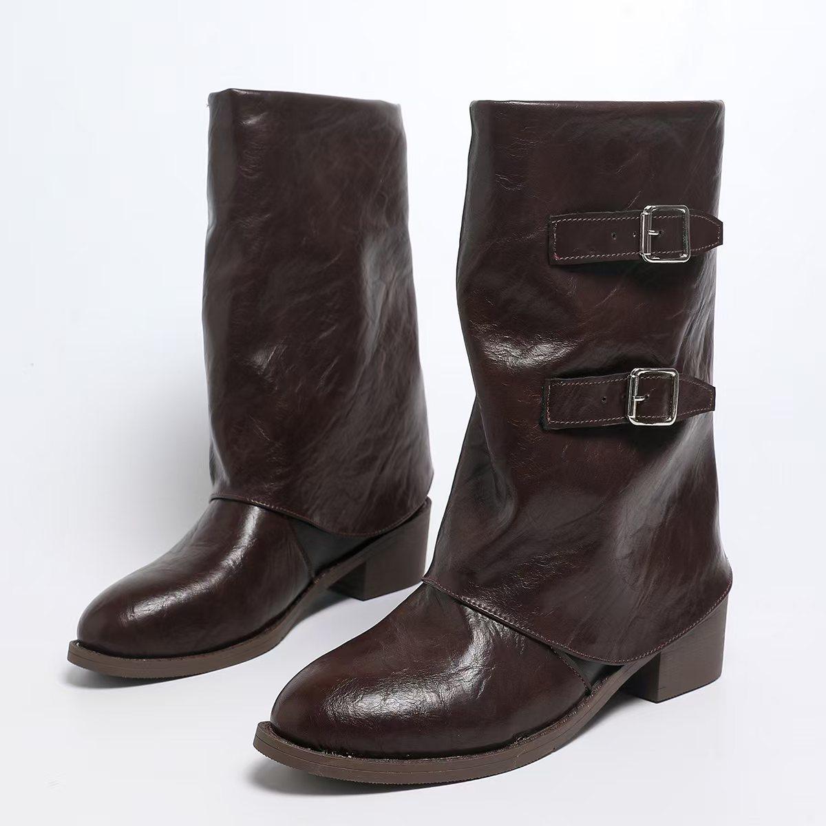 

Fashion Sexy Metal Belt Buckle Black Riding Boots Women 2025 Autumn Retro Brown Medium Heel Ankle Boots Western Cowboy Shoes for Woman 42 коричневый