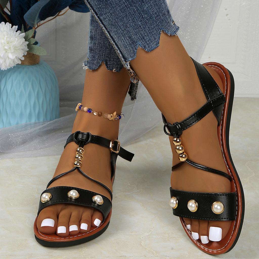 Retro Roman Pearl Buckle Flat Bottomed Comfortable Beach Sandals