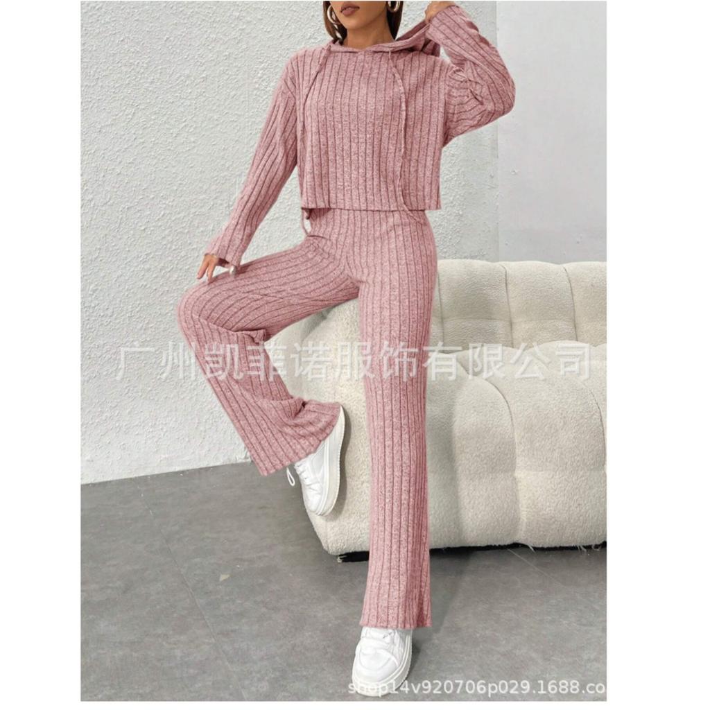 Herbst- und Winter-Freizeit-Strickset mit langen Ärmeln, Damen-Kapuzensweatshirt, lockere Hose zweiteiliges Set