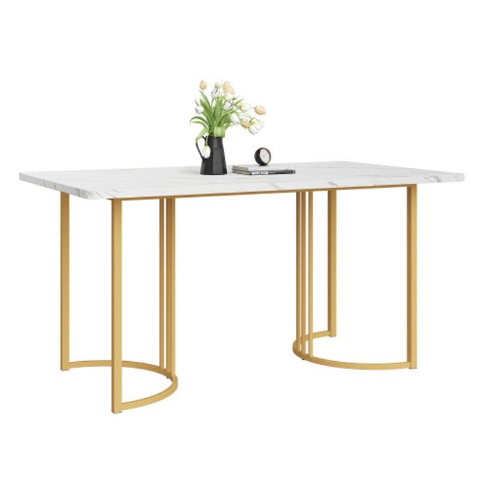 Eettafel - 140x80cm - Wit/goudkleurig marmer - Metalen frame - 6 personen