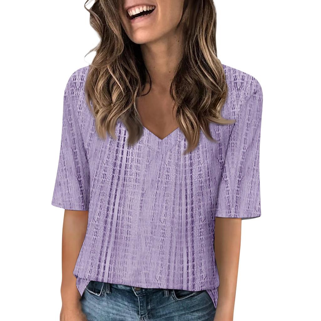 T-skjorter med V-hals for kvinner Halve ermer topper trykt Uformelle sommer T-skjorter T-skjorte bluse