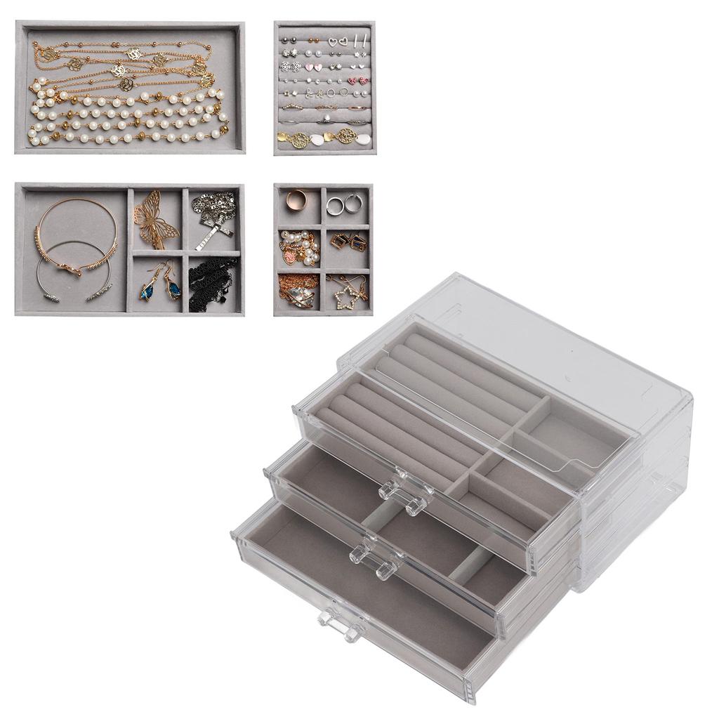 Clear Earring Storage Organizer with 3 Drawers Flannel Lining Jewelry Display Holder Stand for Earri