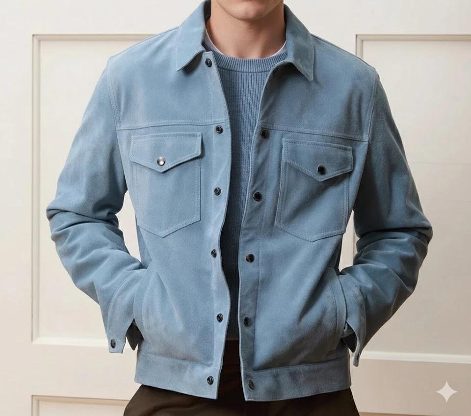 Giacca Biker in Pelle Scamosciata di Agnello Stile Motociclista Elegante Fatta a Mano Morbida da Uomo Blu
