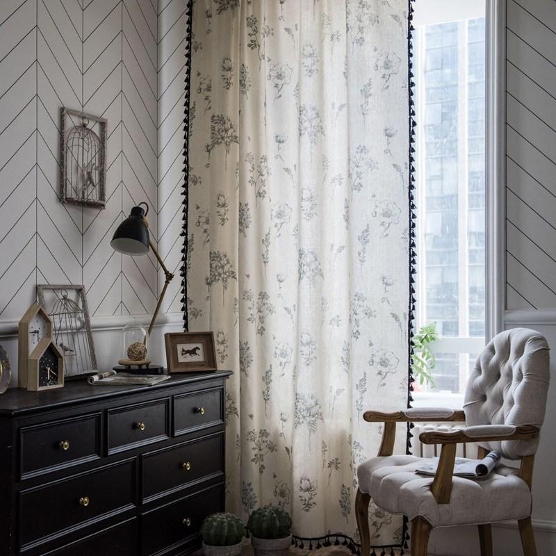 Cotton Linen American Floral Blackout Window Curtains with Tassel for Bedroom Kitchen Curtains Pastoral Style Living Room Drape