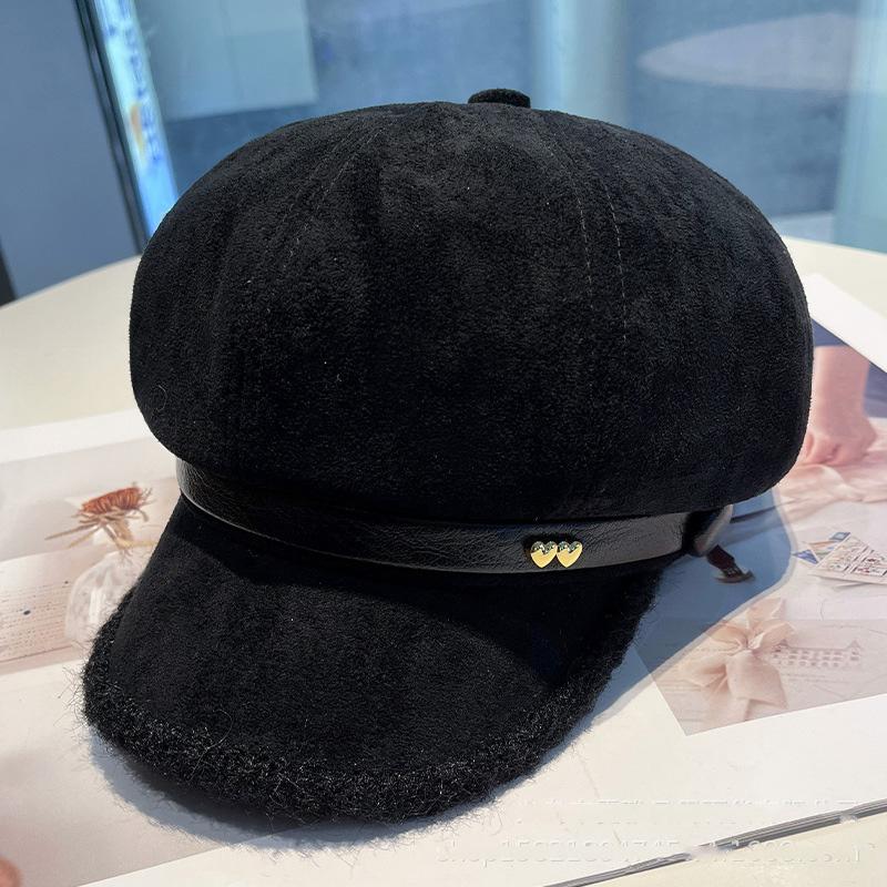 Vintage Faux Suede Newsboy Cap Women Autumn Winter Warm Octagonal Hat with Belt Buckle Elegant Versatile Baker Boy Hat