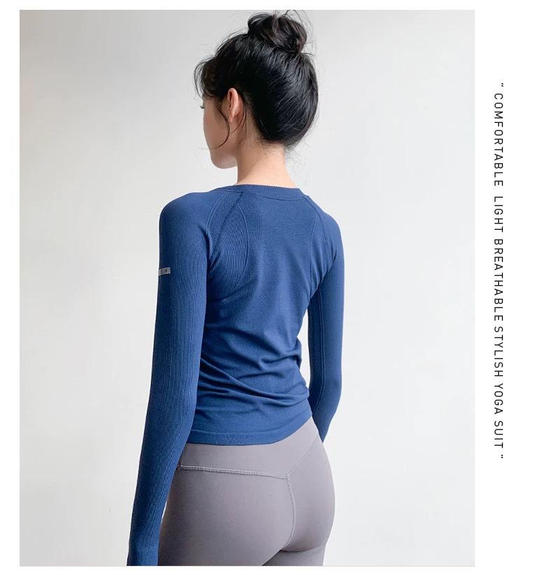 Damska dopasowana koszulka do jogi z długim rękawem, szybkoschnąca, z okrągłym dekoltem, idealna do biegania, pilatesu, treningu i fitnessu.