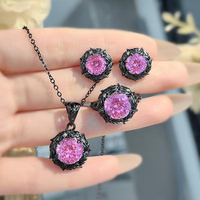 Mode Leichter Luxus Dornen Trockene Rose Anhänger Halskette Lila Hochkohlenstoff-Diamant Ohrstecker Morganit Ring Farbe Schatzset