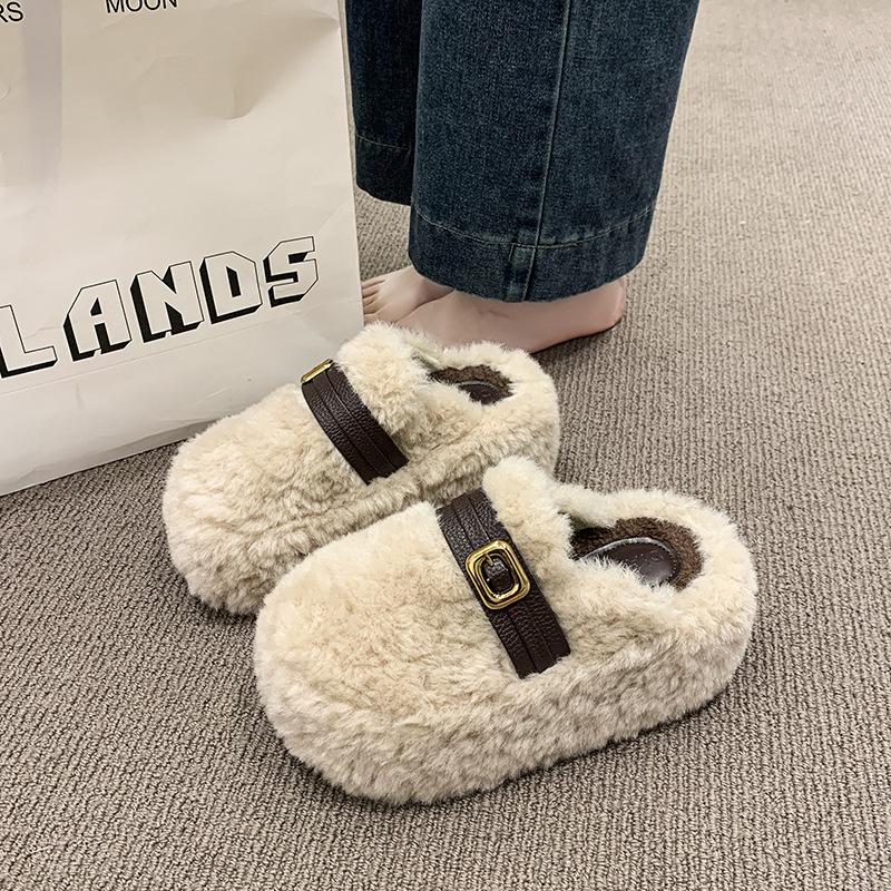 Thick Bottom Inner Height Increase, Small Fluffy Slippers for Women To Wear Outside Autumn and Winter New Models, Velvet One-pedal Cotton Mop