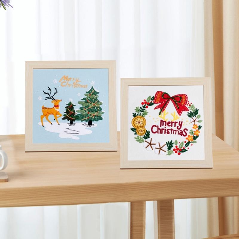 Christmas Pattern CrossStitch Kits Embroidery Starter DIY Kits with Embroidery Clothes Hoop Thread Needle for Beginner