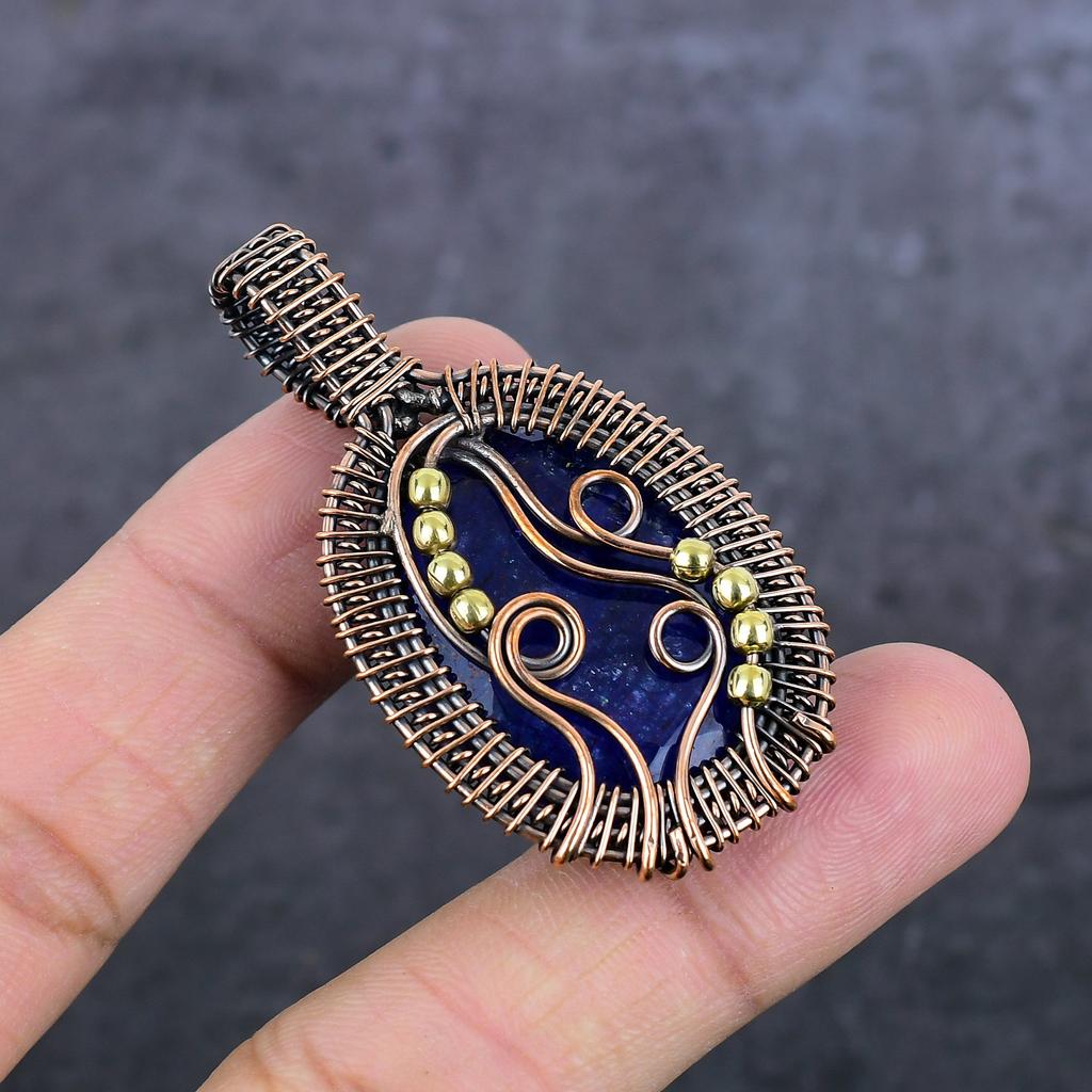 Sapphire(Simulated) Gemstone Copper Wire Wrap Jewelry Pendant 2.17" D5k89