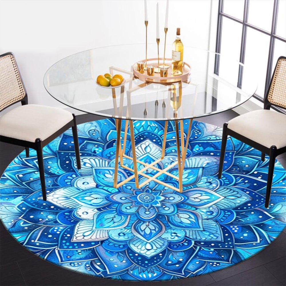 Blue Mandala Art Print: Circular Design, Abstract Blue Flower PatternRound Non-Slip chair mat chair carpet for office Rugs for Office Decor Gift For V
