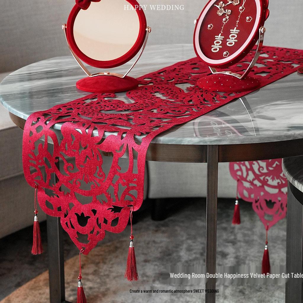 Chinese Wedding Table Runner with Tassels - Dragon & Phoenix Design