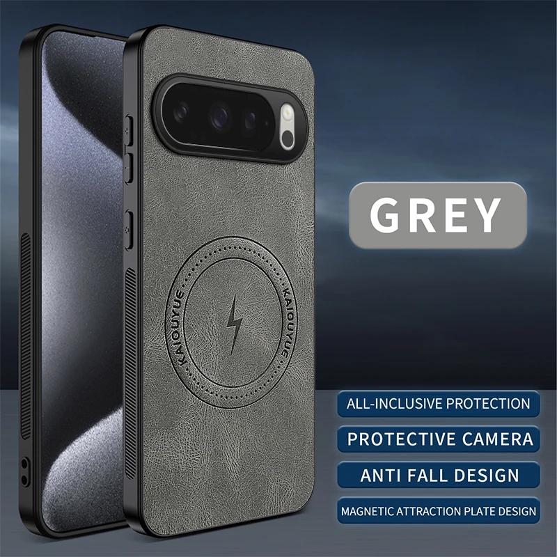 

Luxury Leather Texture Wireless Charging Magnetic Case For Google Pixel 10 Pro Pixel10Pro 5G ShockProof Phone Cover сірий
