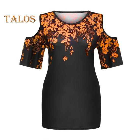 

Женская футболка с круглым вырезом и открытыми плечами, футболка с короткими рукавами, свободная посадка, повседневная футболка с цветочным принтом, повседневная одежда 5XL жёлтый