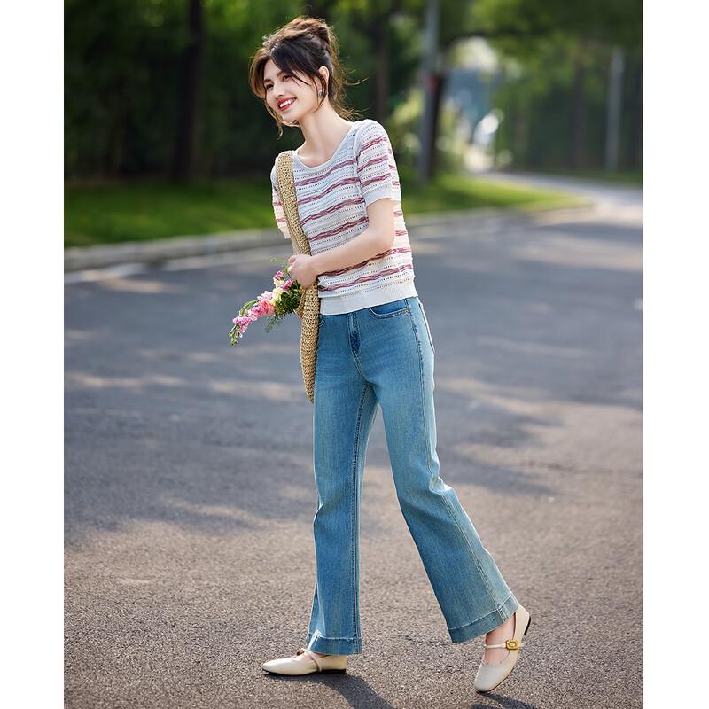 Women's Striped Hollow-Out Knit Short Sleeve T-Shirt