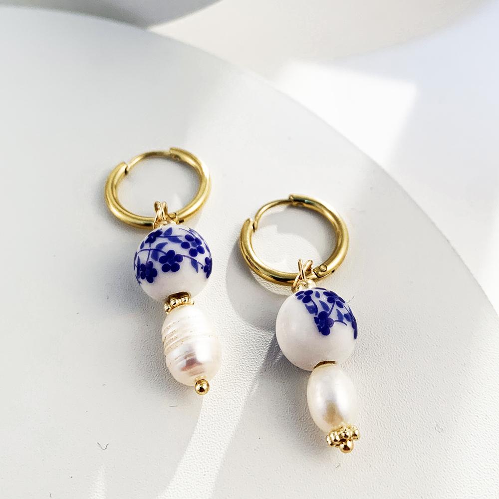 Vintage Flower Ceramic Teapot Round Beads Asymmetric Drop Earrings for Women Stainless Steel Circle Earring Pendientes Gift