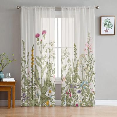 Plants Flowers Leaves Chiffon Sheer Curtains for Living Room Bedroom Home Decoration Window Voiles Tulle Drapes Curtain