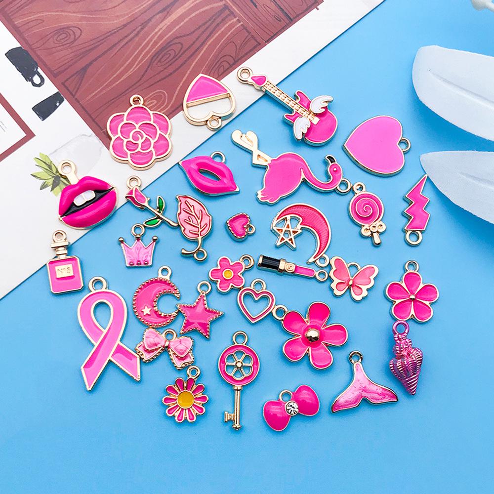 30 Cartoon Alloy Jewelry Pendants: Rose Red Drip Oil for DIY Bracelet and Handbag Accessories