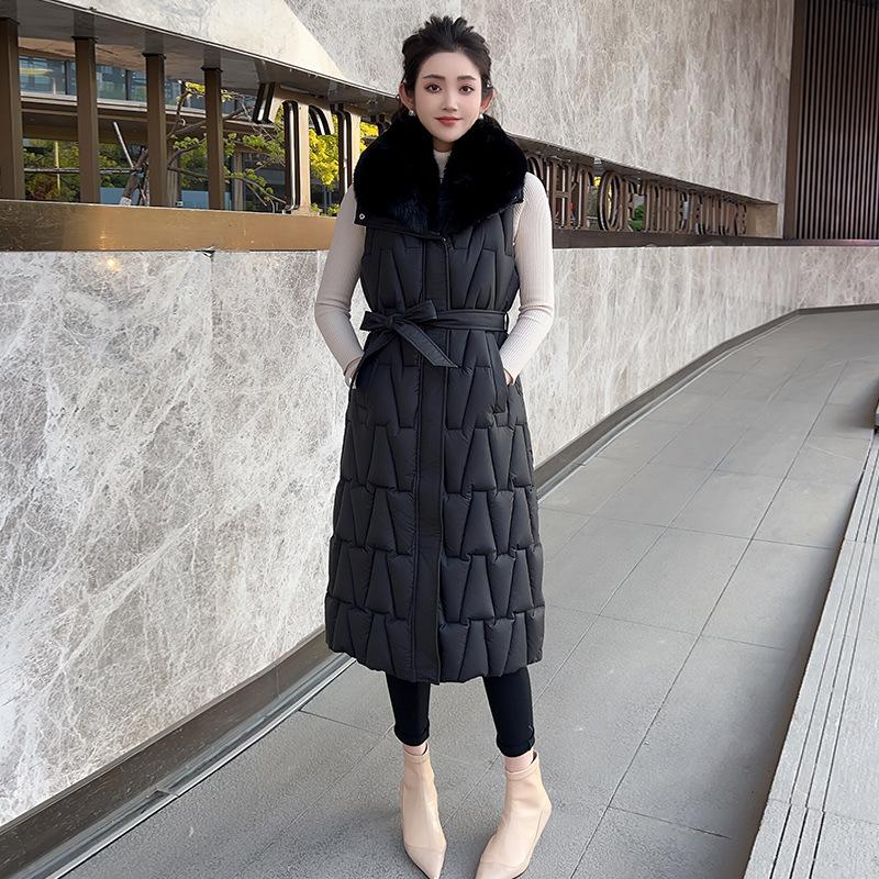 Autumn and Winter Down Cotton Vest Women's New Large Size Knee Long Medium Slim Fur Collar Vest Jacket