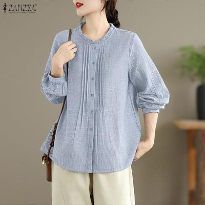 Women Round Neck Long Sleeve Casual Stripe Blouse