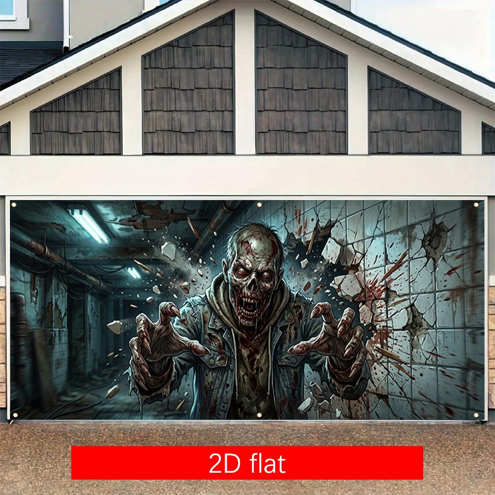 2D Flat Banner 1PC Large Garage Banner - Polyester Material - Halloween Wall-breaking Zombie Corridor Scene