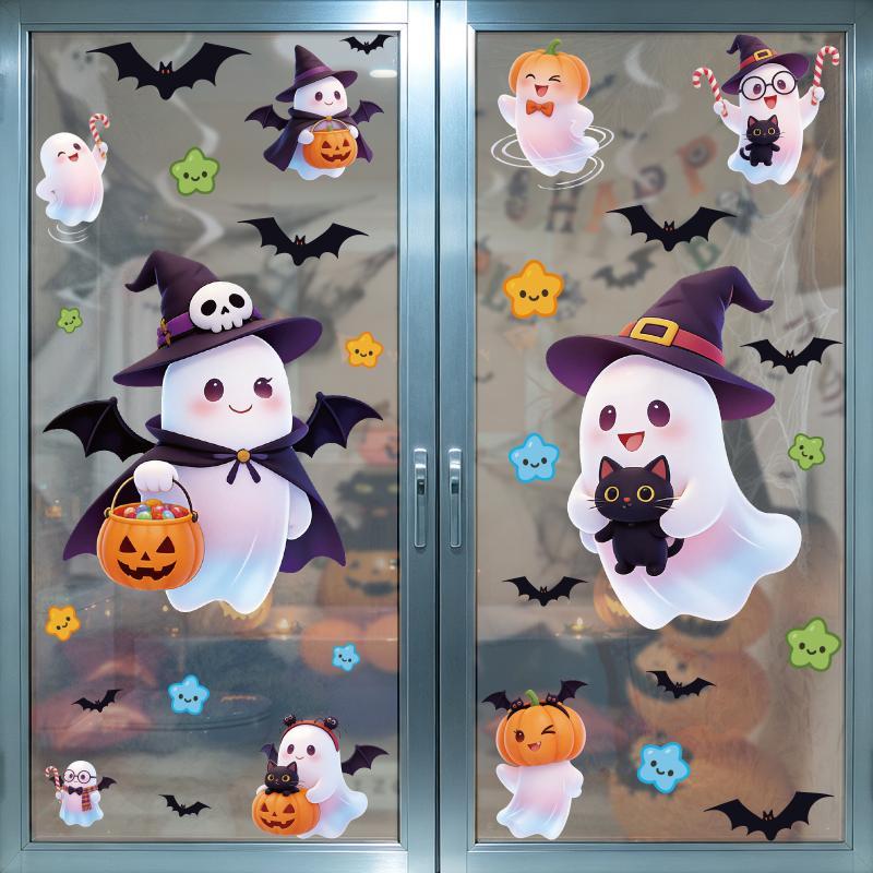 Cute Halloween Window Clings With Ghost Pumpkin Bat Patterns Easy Peel Design For Home Party Decorations