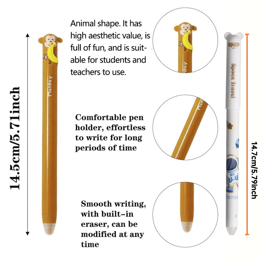 6er-Set Tierförmige Radierbare Gel-Stifte, 0,7 mm Feine Spitze, Blaue Tinte, Eingebauter Radierer, Ideal zum Notieren und Schreiben, Seitenklick