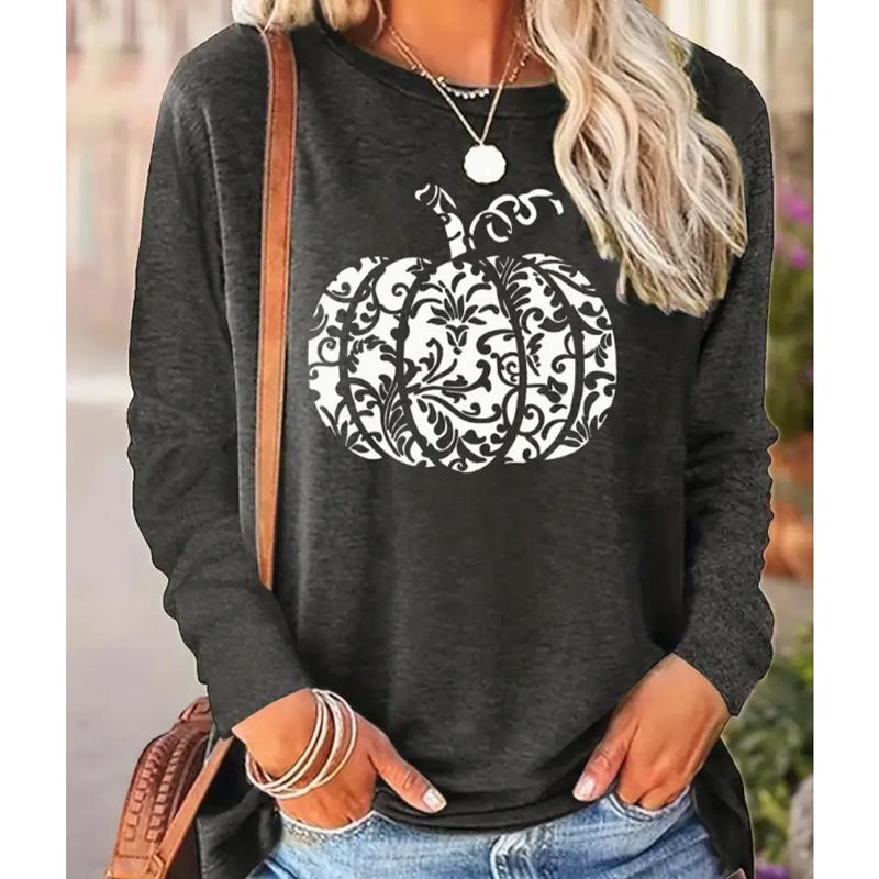 2025 Herbst & Winter Damen Neues Lässiges Rundhals Langarm Oberteil 3D Kürbismuster