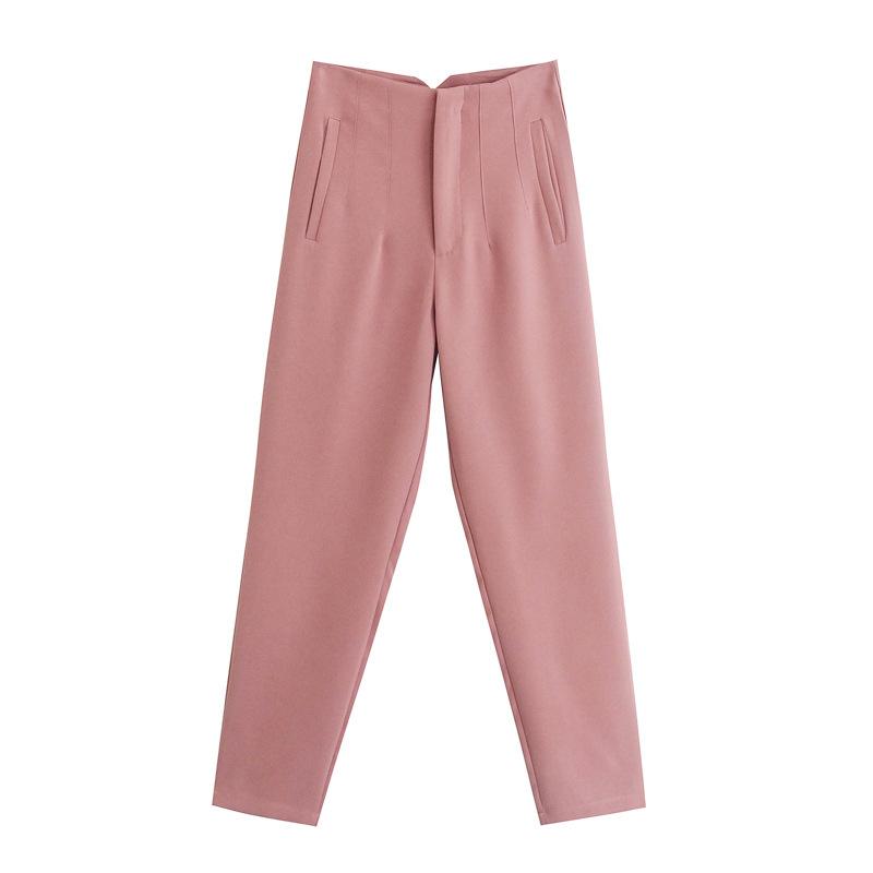 Women Solid Color High Waist Pockets Buttons Office Lady Orange Suit Pants Trousers