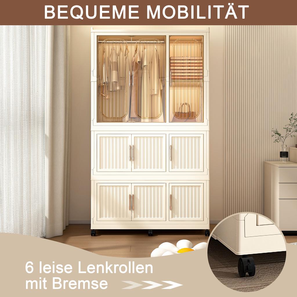 Foldable Plastic Wardrobe with 9 Magnetic Doors, 1 Clothes Rail, 6 Lockable Casters, 6 Coat Hangers, Storage for Bedroom, Children's Room