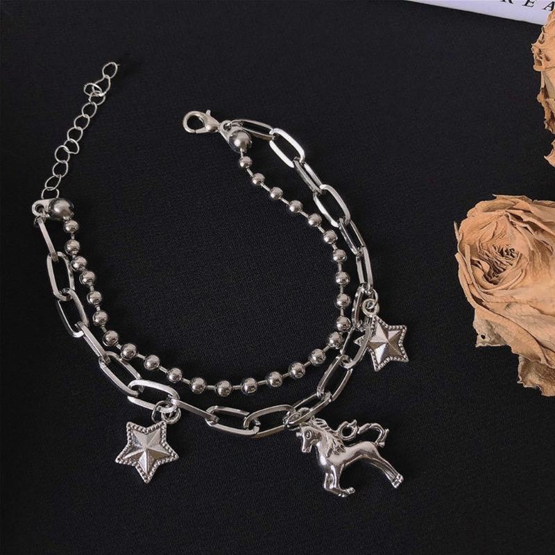 Einzelhorn Pferdearmband Cooles Mädchen Hip Hop Zweilagiges Sternanhänger Armband Einfacher Vielseitiger Modischer Handgelenkschmuck