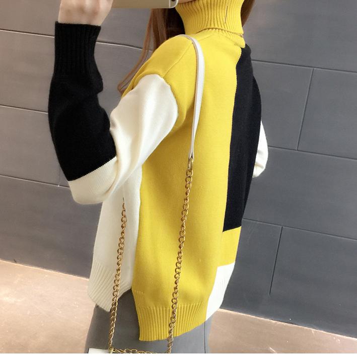 Fall/Winter Women Turtleneck Sweater Loose Color-Block Thick Pullover Knitwear Stretch Long-sleeved Split Knit Top Jumper Outwear