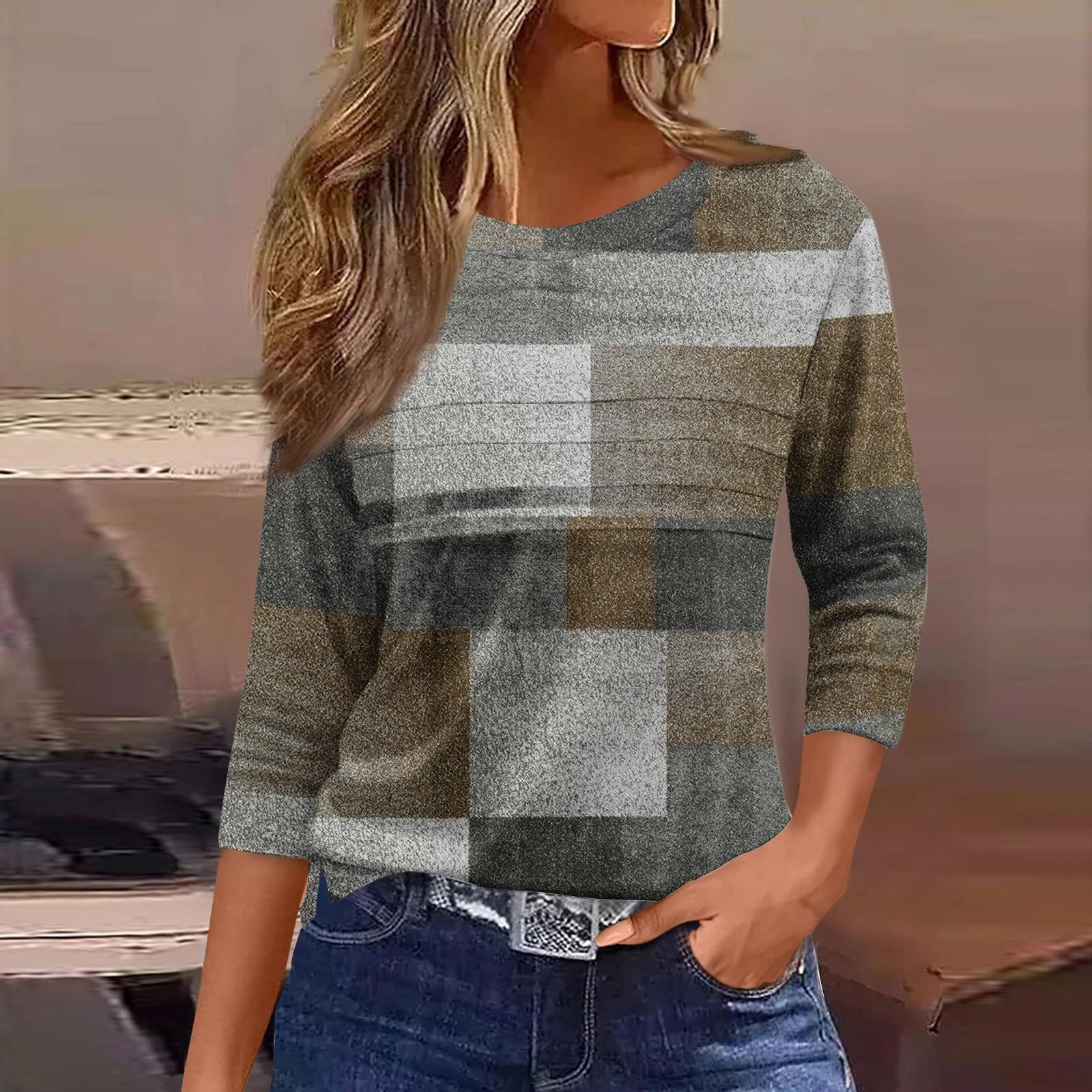 

Женская мода повседневный свободный топ с рукавом 3/4 в полоску с круглым вырезом S коричневый