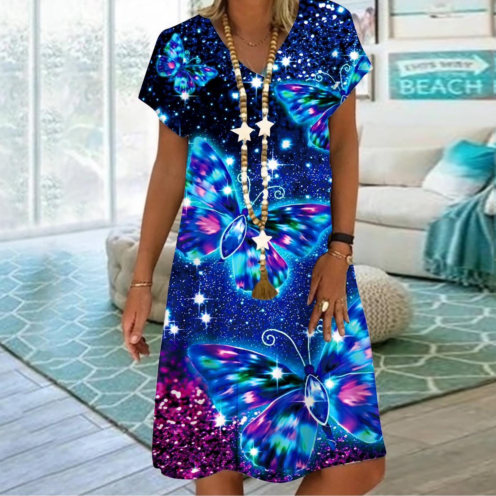 

Летнее модное платье с v-образным вырезом, женское платье с коротким рукавом, блестящее платье с принтом бабочки, свободное повседневное платье для женщин