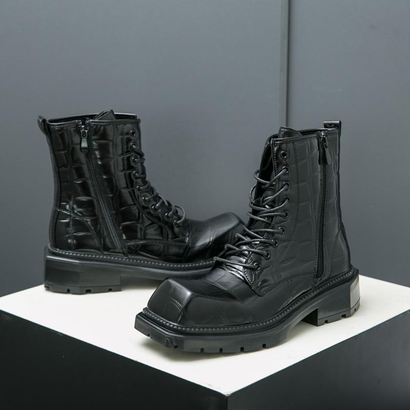 Fashion Fashion Retro Men Square-Toe Leather Boots Lace-up Motorcycle Boots Dress Shoes Luxury Thick Soled Boots Cowboy Boots Quality