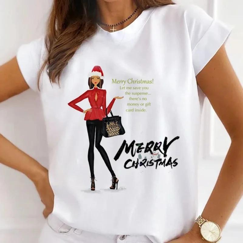 Festival Christmas Printed Short Sleeved Casual Womens Tshirt Crewneck Tops Kawaii Fashion Women TShirt Clothes Harajuku