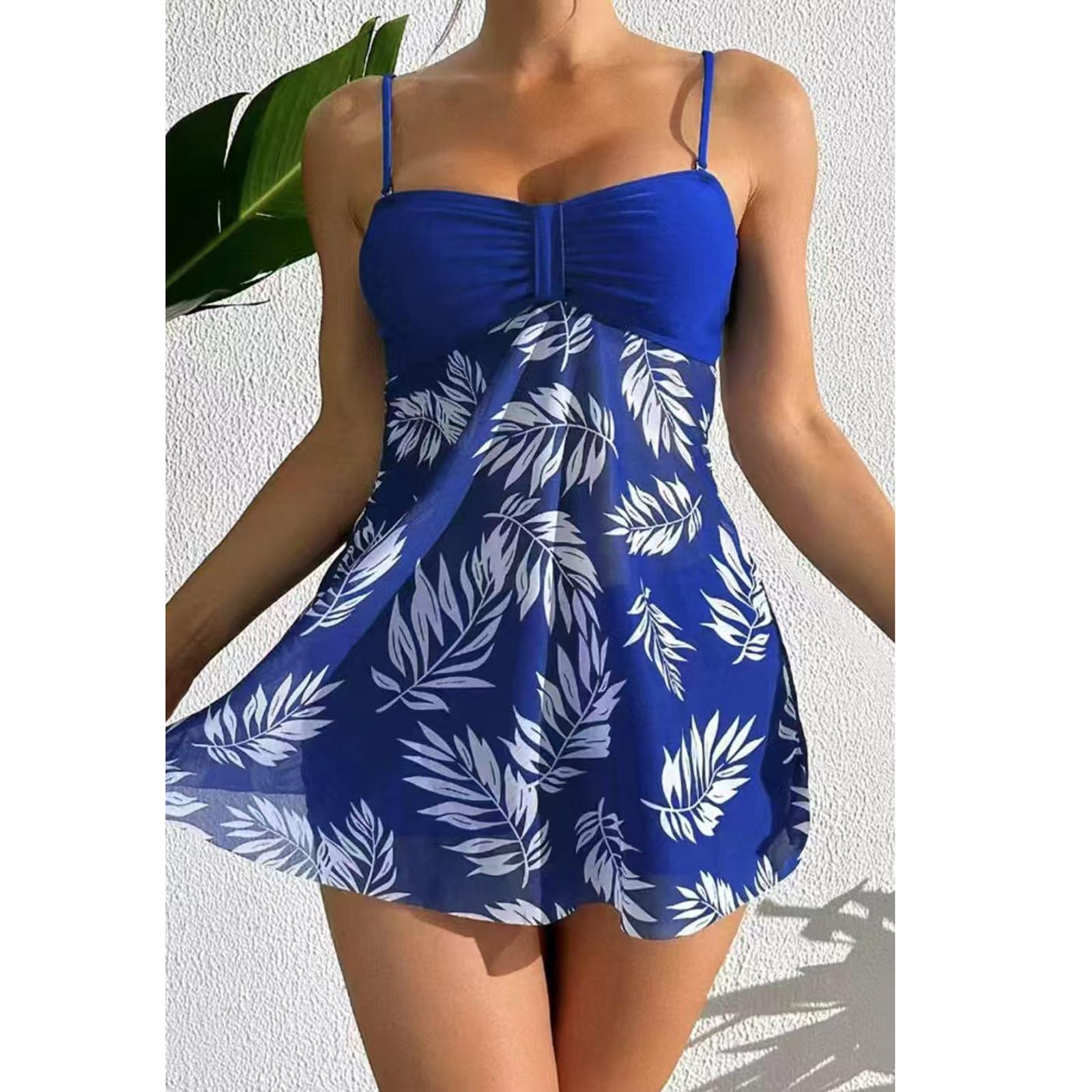 

Women s Spaghetti Strap Ruched Bodice Sheer Mesh Cover Up Dress with Abstract Print for Beach and Poolwear XL синий
