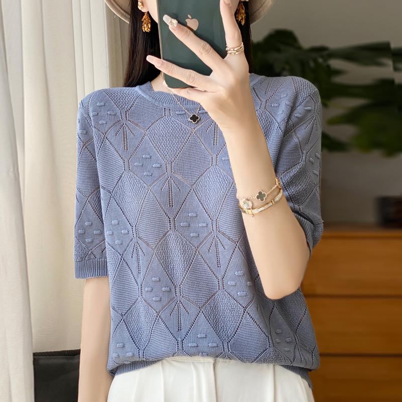 Women Knit T-shirt Summer Knitted Shirt Short Sleeve Tees O-neck Pullover Knit Tops Female