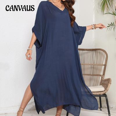 Sommer Damen Strand Cover Up Plus Size V-Ausschnitt Lose Freizeitkleid Split Bodenlanges Kleid Bademode Cover Up